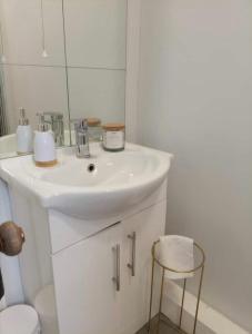 a white bathroom with a sink and a mirror at Recently Renovated House in Heart of Galway City in Galway