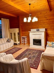 a living room with a fireplace in a log cabin at Family club Royal-apricot in Tamga