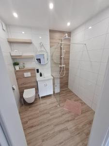 a bathroom with a shower and a toilet and a sink at Apartamenty Josef in Zbrosławice +26 photos