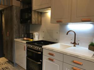 a kitchen with a stove and a sink at P57 - Riverside Family Pod with Hot Tub in Bethesda