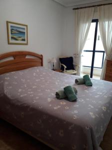 1 dormitorio con 1 cama y 2 toallas verdes en Playa Marina Phase II, en Cabo Roig