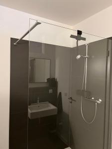 a bathroom with a sink and a shower with a mirror at Apartmenthaus Stade Schwingewiesen Apartment 1 in Stade