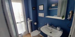 La salle de bains bleue est pourvue de toilettes et d'un lavabo. dans l'établissement SUITE PANORAMA, à Brescia