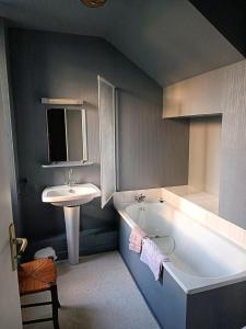 y baño con lavamanos, bañera y lavamanos. en Hôtel Restaurant L Orée du Vercors, en Montmaur-en-Diois