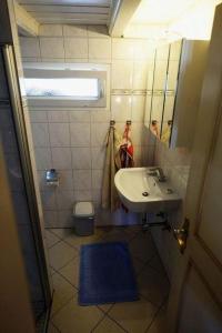 uma pequena casa de banho com um lavatório e um espelho em Aarnhof-Wohnung-Schwalbe em Archsum