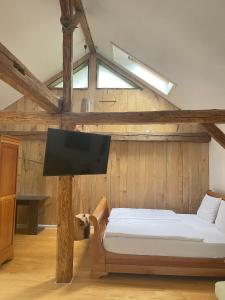um quarto com uma cama e uma televisão de ecrã plano em Bavaria Cottage mit Casetta oder Chalet in Tegernheim bei Regensburg em Tegernheim