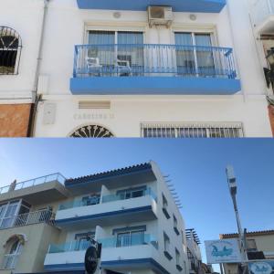 two pictures of a building with a blue balcony at Apartamentos Carolina in Torremolinos