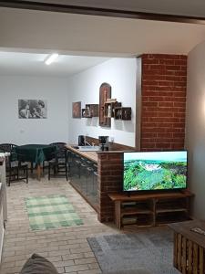 uma sala de estar com uma televisão de ecrã plano e um bar em Ferienwohnung Alt Freyburg em Freyburg