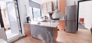 a kitchen with a refrigerator and a counter top at Reykjavik Antique Rentals in Reykjavík