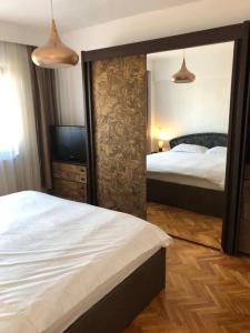 ein Hotelzimmer mit 2 Betten und einem Spiegel in der Unterkunft Apartament Centrale in Orăştie