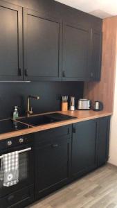 eine Küche mit schwarzen Schränken und einem Waschbecken in der Unterkunft Grand Studio au centre de Crans in Crans-Montana