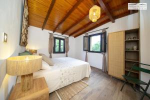 a bedroom with a bed and a wooden ceiling at Maison Terre de Lune in Mondragon