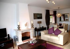 a living room with a couch and a fireplace at Ocean - Duplex apartment 65m from the beach with pool and parking in São Martinho do Porto