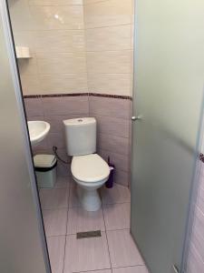 La salle de bains est pourvue de toilettes et d'un lavabo. dans l'établissement Villas Sozopol, à Sozopol