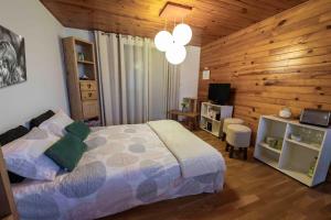 una camera con letto e parete in legno di Joli T2 - Vue sur Lac - 5 min du plan d'eau d'Embrun a Baratier