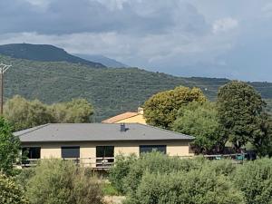 un bâtiment avec des arbres et des montagnes en arrière-plan dans l'établissement Villa de charme à Ajaccio, à Ajaccio