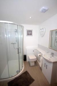 ein Bad mit einer Dusche, einem WC und einem Waschbecken in der Unterkunft No 28C St Benedict in Glastonbury