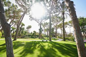 einen Park mit Palmen und einer Bank in der Unterkunft El Oasis Villa Resort in L'Eliana