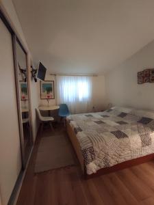 1 dormitorio con cama, mesa y escritorio en Apartments Marija, en Makarska