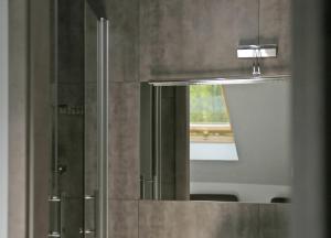 La salle de bains est pourvue d'un miroir et d'une douche en verre. dans l'établissement Reza, à Bełchatów