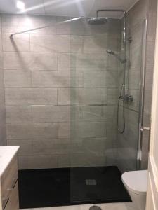 マルベーリャにあるApto EN JARDINES DEL PUERTOのバスルーム(ガラス張りのシャワー、トイレ付)