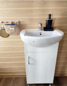 ein Bad mit einem weißen Waschbecken im Zimmer in der Unterkunft Tiny-river in Falaën