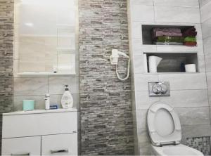 a bathroom with a toilet and a brick wall at ALBDEVARA MAR SRL in Vama Veche +16 photos