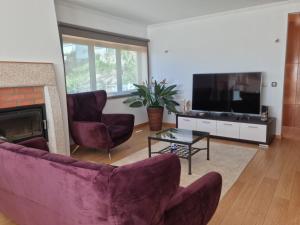 a living room with two chairs and a fireplace at Florindo - Lafões Guest House in Oliveira de Frades