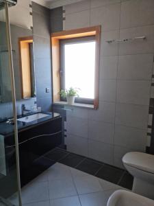 a bathroom with a sink and a toilet and a window at Florindo - Lafões Guest House in Oliveira de Frades