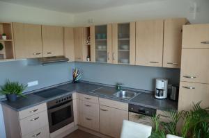 a kitchen with wooden cabinets and a sink at Obsthof Flammersberger in Volkach