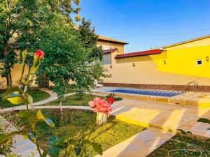 a yard with a yellow house and a vase of flowers at Qafqaz Mini Villa in Gabala