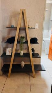 a wooden shelf with a potted plant on it at Zinathi Lodge in Polokwane