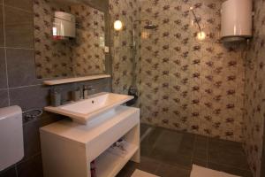 a bathroom with a sink and a mirror at Studio apartman ROZA in Ston