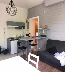 a living room with a couch and a kitchen at Le Coeur, Studio central refait à neuf, au calme in Besançon