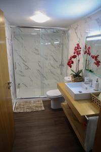 a bathroom with a shower and a toilet and a sink at Casa do Eirô in Pinheiro