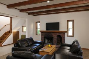 a living room with leather furniture and a fireplace at Le Bocage - Hakuba Echoland Chalets in Hakuba