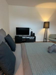 1 dormitorio con 1 cama y TV de pantalla plana en Apartmenthaus Stade Schwingewiesen Apartment 6, en Stade