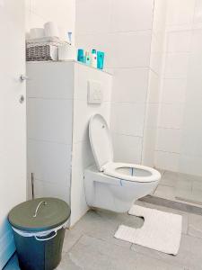 een badkamer met een toilet en een vuilnisbak bij Residence Stay Eva Upstairs Brunch Café in Gent