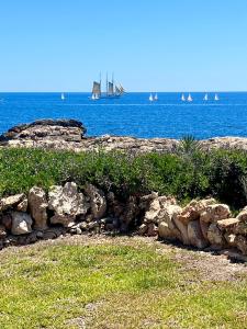 a group of sailboats in the ocean with rocks and water at Villa Calma in Cala en Bosc