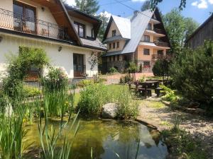 a garden with a pond in front of a building at Dom Wypoczynkowy U Kasi in Jurgów