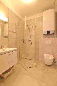 La salle de bains est pourvue d'une douche, de toilettes et d'un lavabo. dans l'établissement Chmielowa2 - Apartamenty, à Rowy