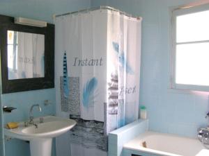 ein Badezimmer mit Waschbecken und Duschvorhang in der Unterkunft Maison spacieuse à Camarade avec grand jardin pour 15 personnes in Durban-sur-Arize