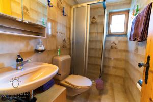 a bathroom with a sink and a toilet and a shower at 2-Zimmerwohnung an zentraler Lage/Ski-in, Ski-out in Riederalp +2 photos