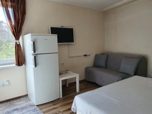 una pequeña sala de estar con nevera y sofá en Malavi KI top center studio Ruse en Ruse