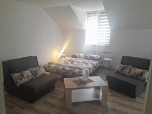 ein Wohnzimmer mit einem Bett und 2 Stühlen in der Unterkunft Apartman Zivanovic in Foča