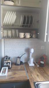 a kitchen counter with plates and dishes on a shelf at Πλατανακι 1 Family Friendly in Andros
