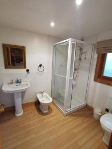 a bathroom with a shower and a toilet and a sink at Fern Lodge in Louth