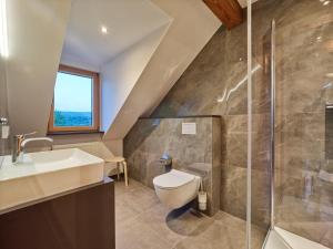 ein Bad mit einem WC, einem Waschbecken und einer Dusche in der Unterkunft Weingut & Gästehaus Schumann in Lieser