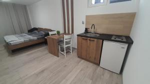 een keuken met een wastafel en een aanrecht bij Tija Apartments in Ohrid