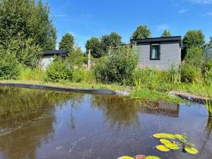 ein Wasserkörper mit einem Haus im Hintergrund in der Unterkunft Luxe All season Chalet De Goudenregen in Balkbrug